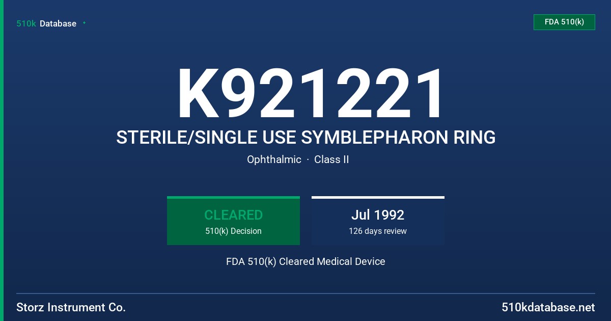 K921221 STERILE/SINGLE USE SYMBLEPHARON RING FDA 510(k) Cleared Medical Device