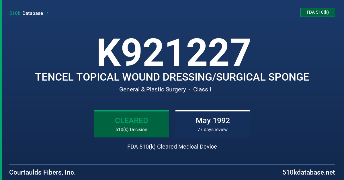 K921227 TENCEL TOPICAL WOUND DRESSING/SURGICAL SPONGE FDA 510(k) Cleared Medical Device