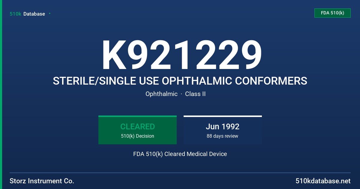 K921229 STERILE/SINGLE USE OPHTHALMIC CONFORMERS FDA 510(k) Cleared Medical Device