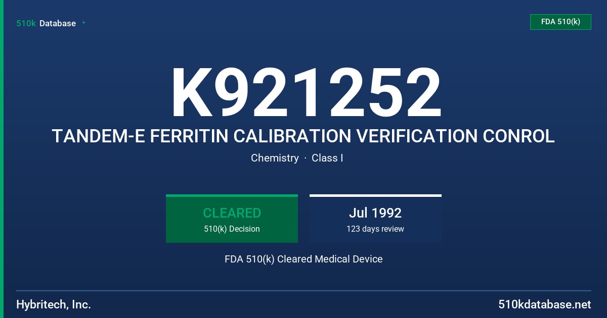 K921252 TANDEM-E FERRITIN CALIBRATION VERIFICATION CONROL FDA 510(k) Cleared Medical Device