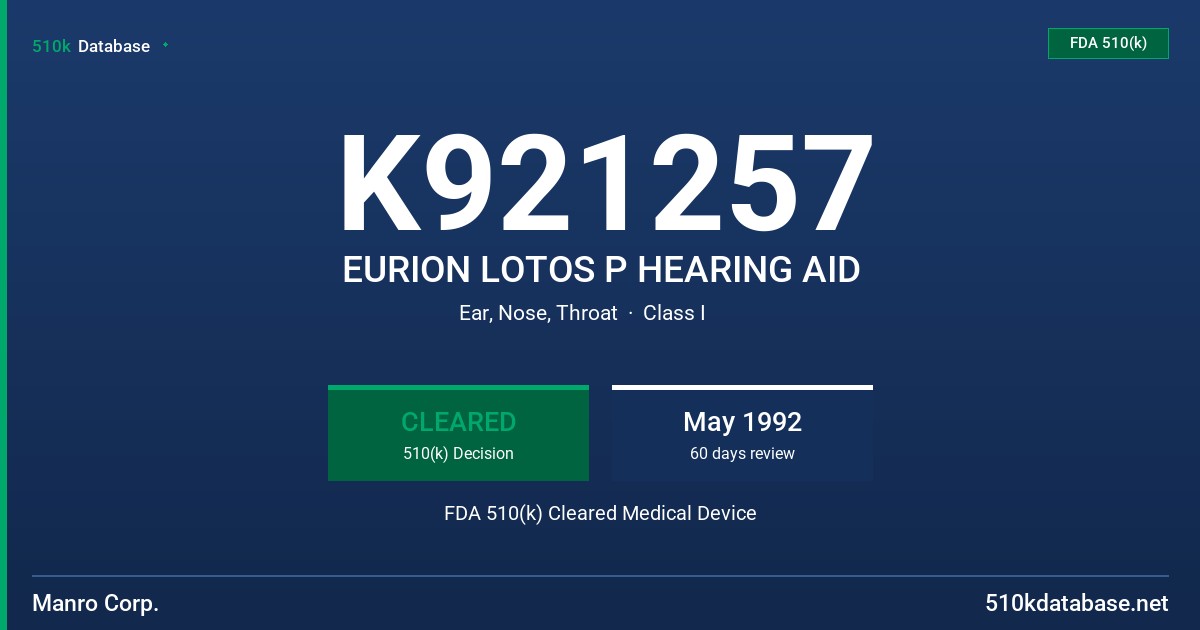K921257 EURION LOTOS P HEARING AID FDA 510(k) Cleared Medical Device