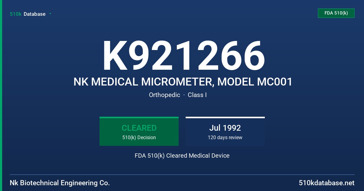 K921266 NK MEDICAL MICROMETER, MODEL MC001 FDA 510(k) Cleared Medical Device
