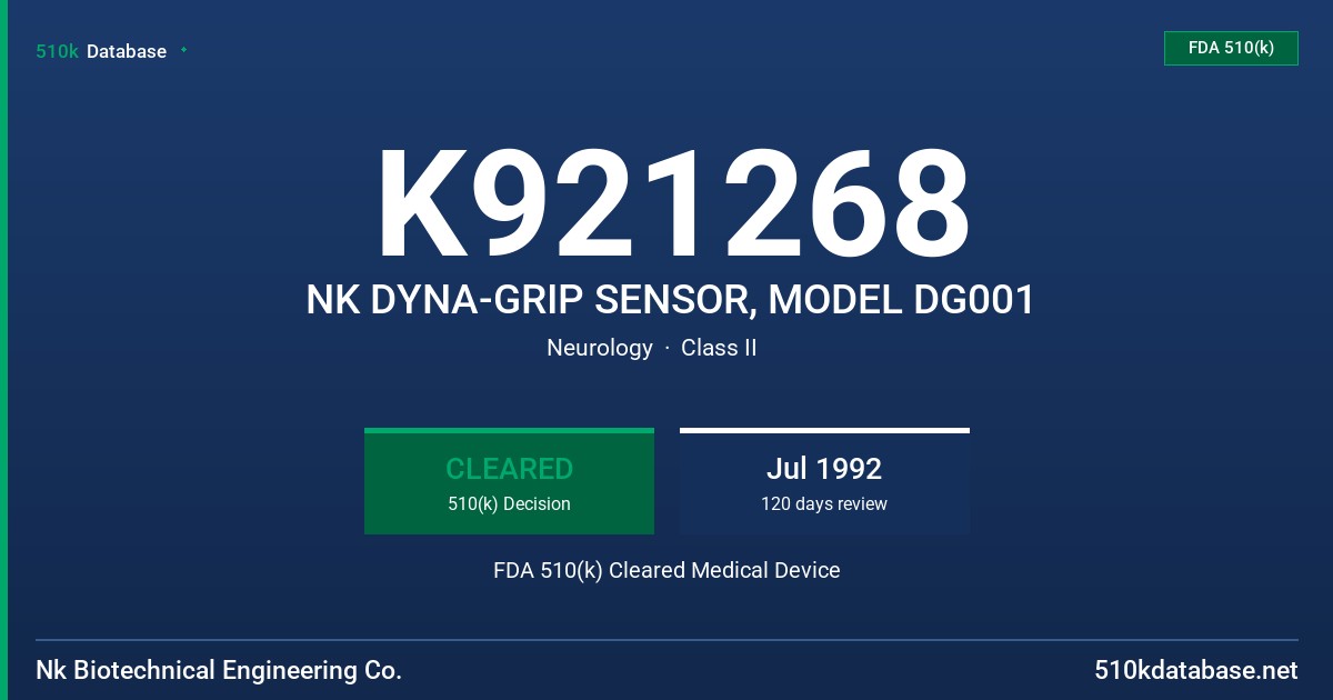 K921268 NK DYNA-GRIP SENSOR, MODEL DG001 FDA 510(k) Cleared Medical Device