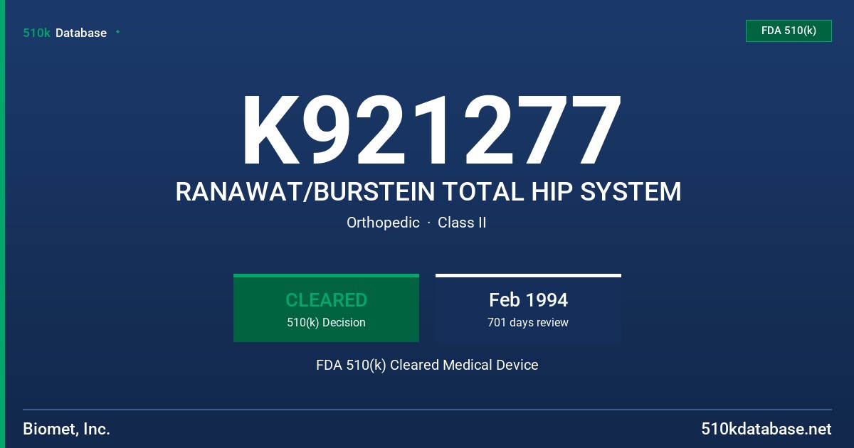 K921277 RANAWAT/BURSTEIN TOTAL HIP SYSTEM FDA 510(k) Cleared Medical Device