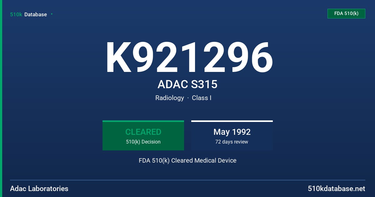 K921296 ADAC S315 FDA 510(k) Cleared Medical Device
