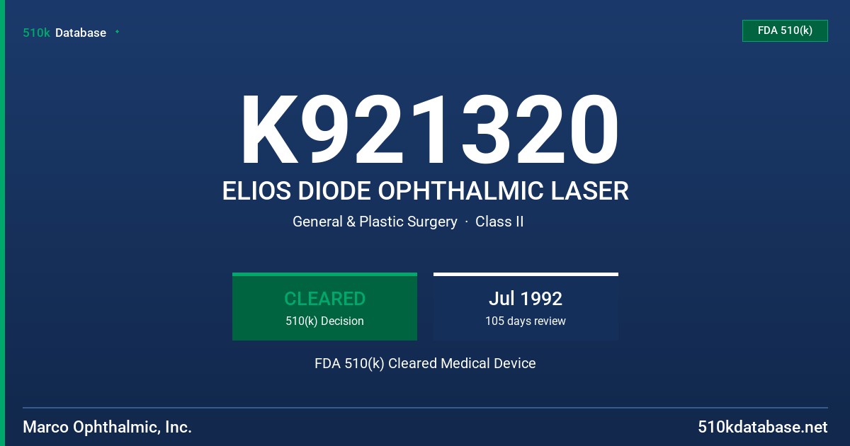 K921320 ELIOS DIODE OPHTHALMIC LASER FDA 510(k) Cleared Medical Device