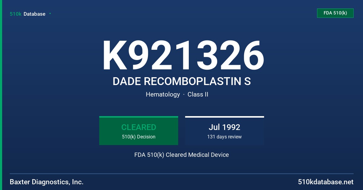 K921326 DADE RECOMBOPLASTIN S FDA 510(k) Cleared Medical Device