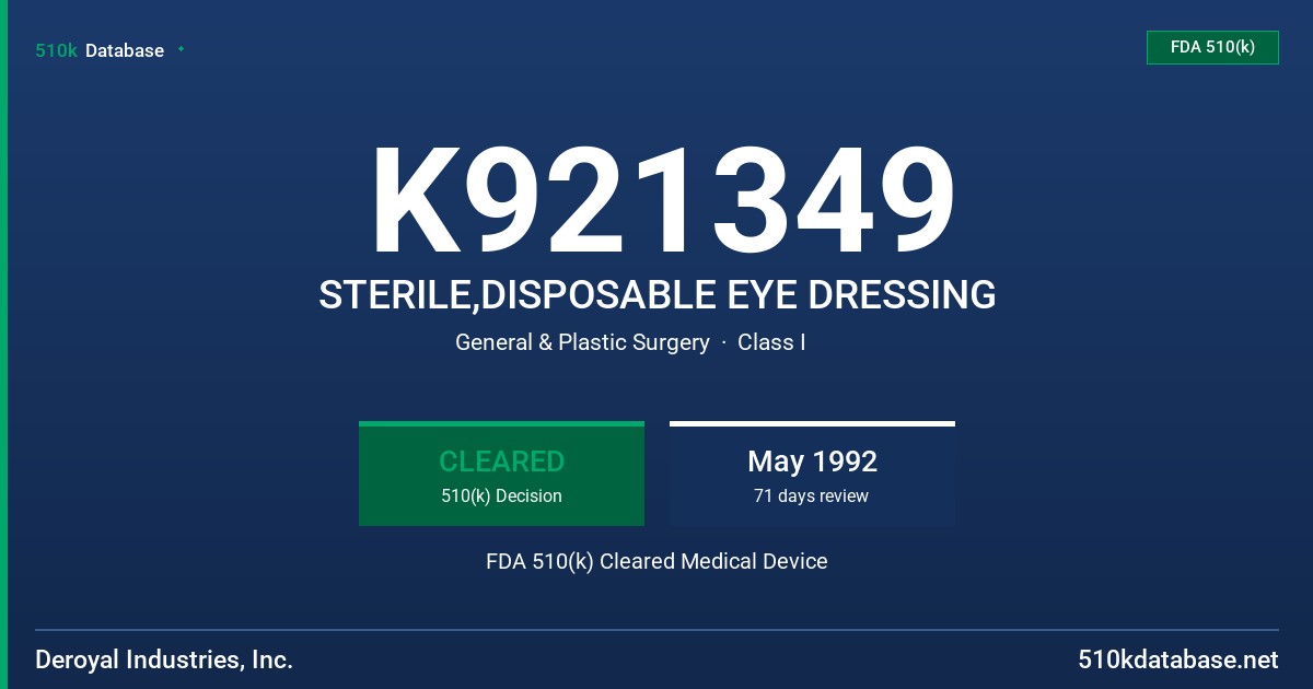 K921349 STERILE,DISPOSABLE EYE DRESSING FDA 510(k) Cleared Medical Device