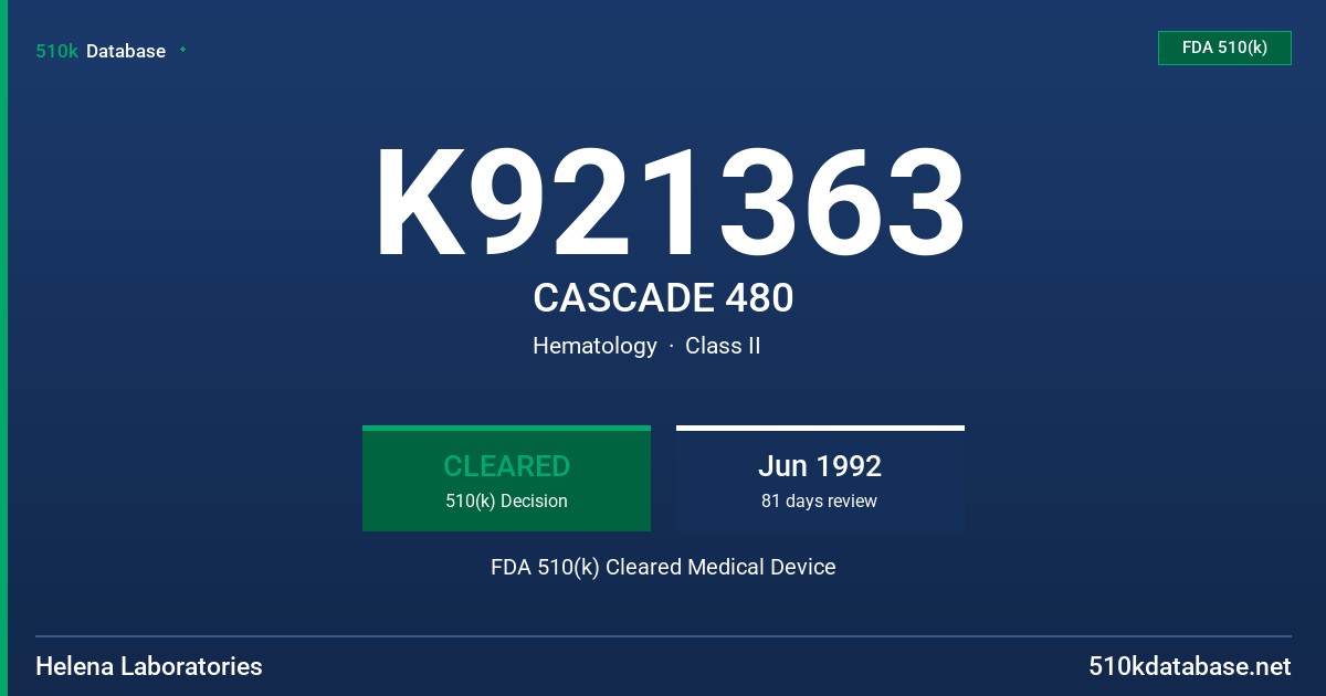 K921363 CASCADE 480 FDA 510(k) Cleared Medical Device
