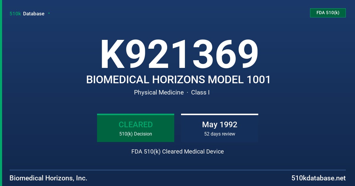 K921369 BIOMEDICAL HORIZONS MODEL 1001 FDA 510(k) Cleared Medical Device