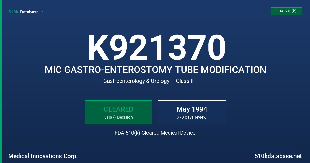K921370 MIC GASTRO-ENTEROSTOMY TUBE MODIFICATION FDA 510(k) Cleared Medical Device