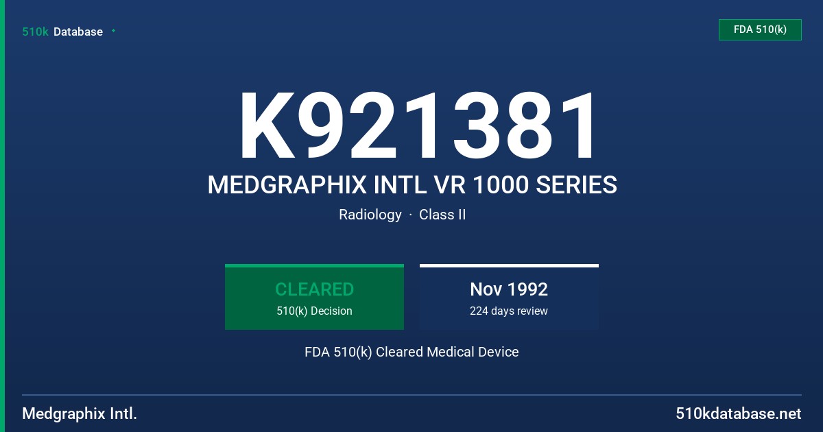 K921381 MEDGRAPHIX INTL VR 1000 SERIES FDA 510(k) Cleared Medical Device