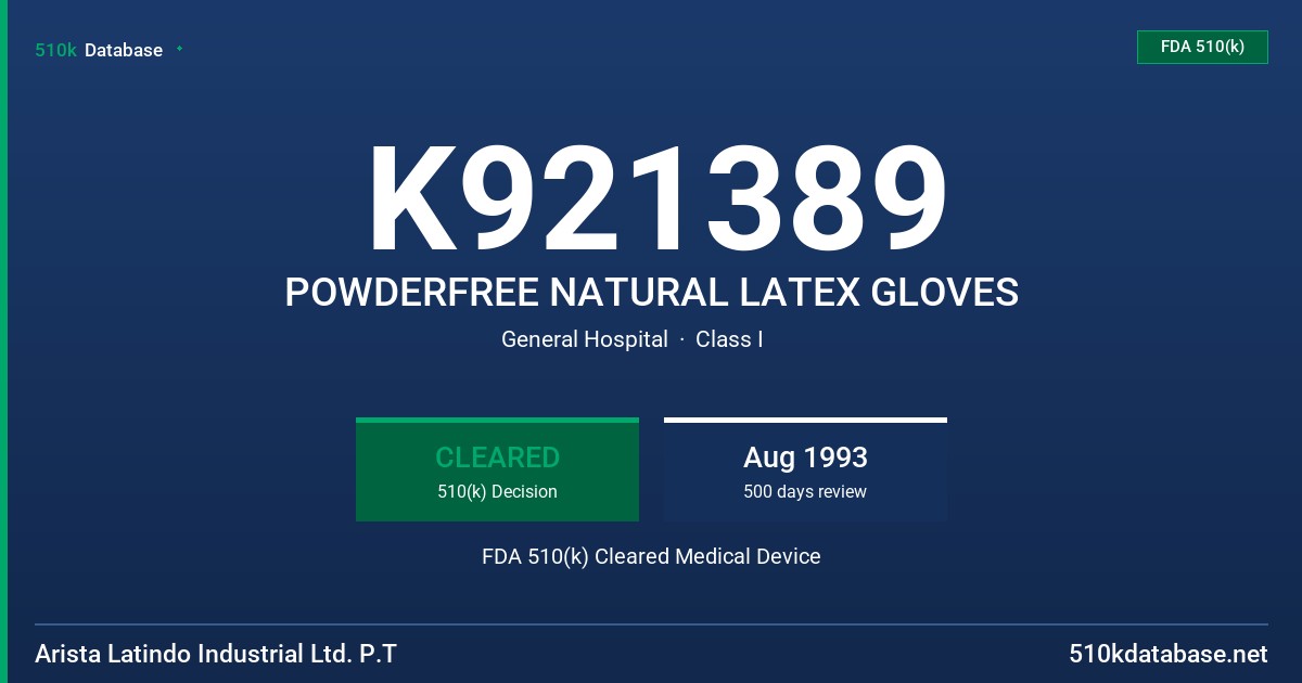 K921389 POWDERFREE NATURAL LATEX GLOVES FDA 510(k) Cleared Medical Device