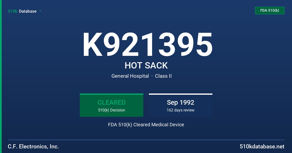 K921395 HOT SACK FDA 510(k) Cleared Medical Device