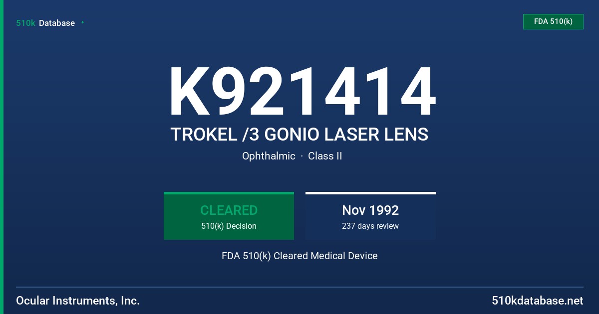 K921414 TROKEL /3 GONIO LASER LENS FDA 510(k) Cleared Medical Device