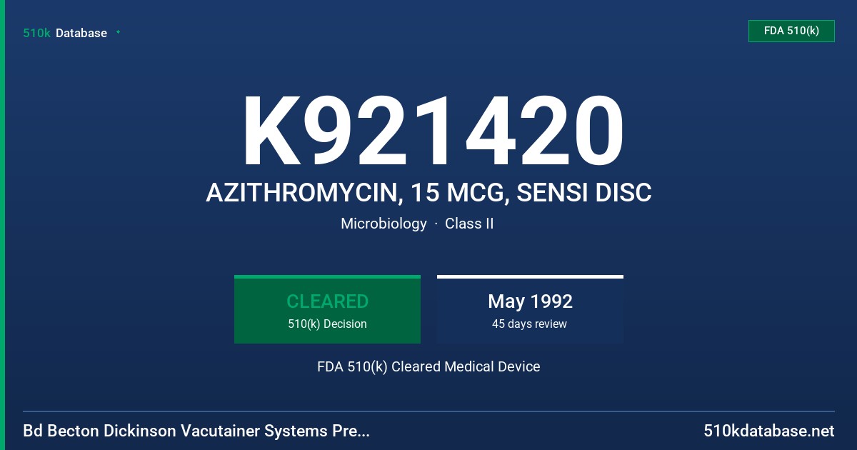 K921420 AZITHROMYCIN, 15 MCG, SENSI DISC FDA 510(k) Cleared Medical Device