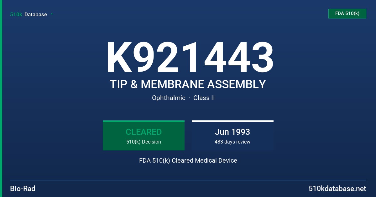 K921443 TIP & MEMBRANE ASSEMBLY FDA 510(k) Cleared Medical Device