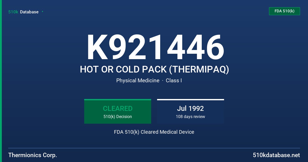 K921446 HOT OR COLD PACK (THERMIPAQ) FDA 510(k) Cleared Medical Device