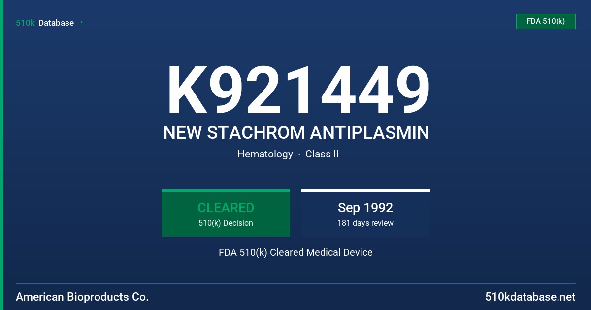K921449 NEW STACHROM ANTIPLASMIN FDA 510(k) Cleared Medical Device