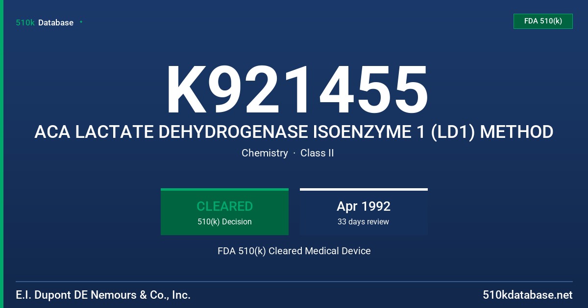 K921455 ACA LACTATE DEHYDROGENASE ISOENZYME 1 (LD1) METHOD FDA 510(k) Cleared Medical Device