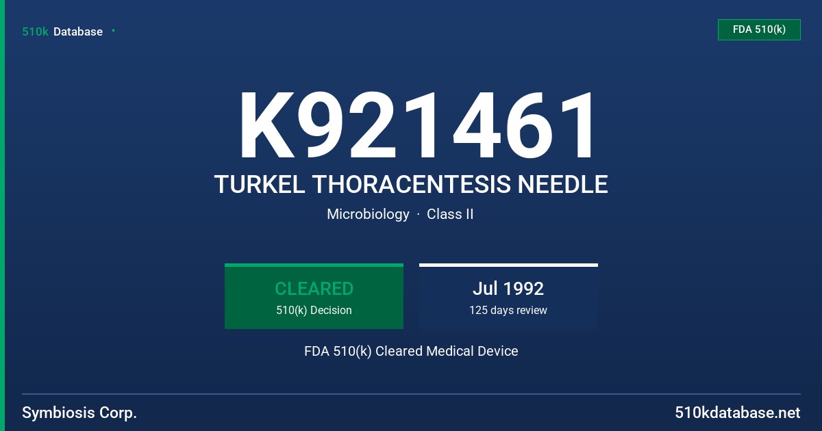 K921461 TURKEL THORACENTESIS NEEDLE FDA 510(k) Cleared Medical Device