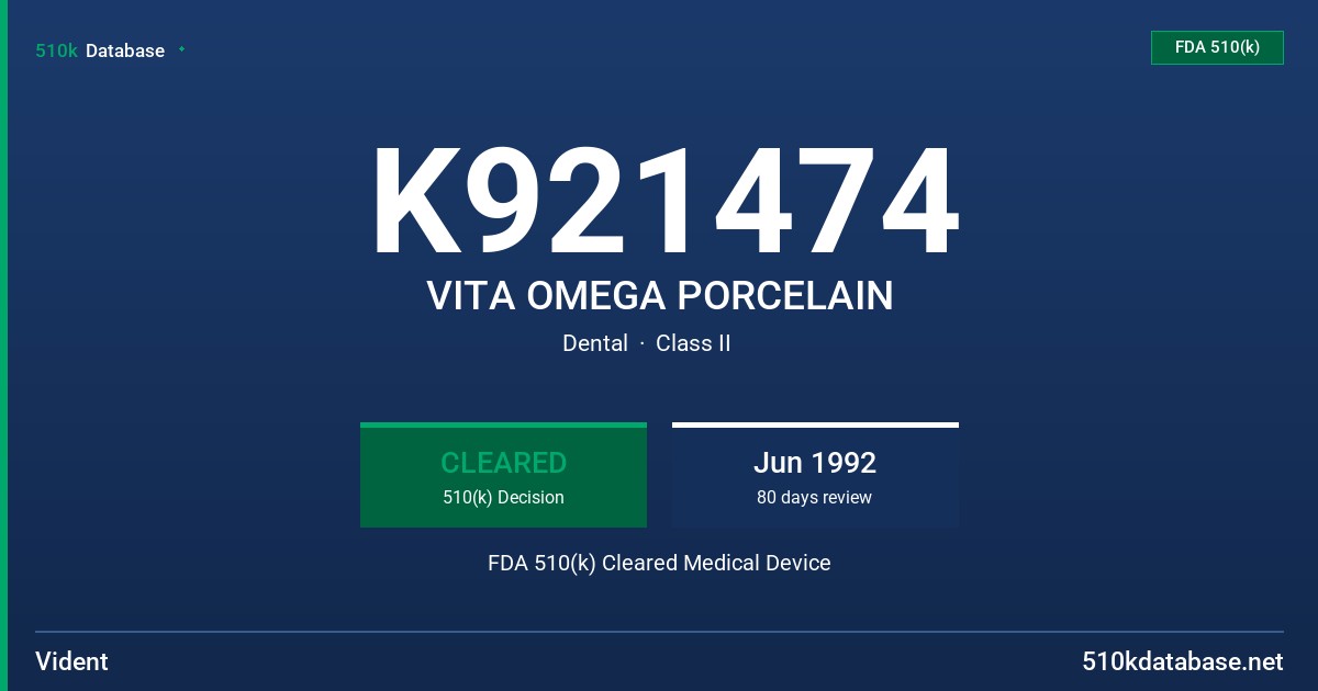 K921474 VITA OMEGA PORCELAIN FDA 510(k) Cleared Medical Device