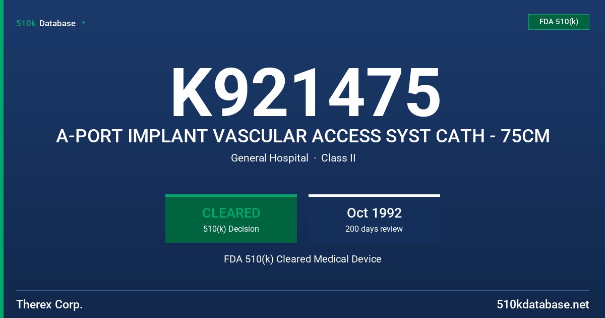 K921475 A-PORT IMPLANT VASCULAR ACCESS SYST CATH - 75CM FDA 510(k) Cleared Medical Device