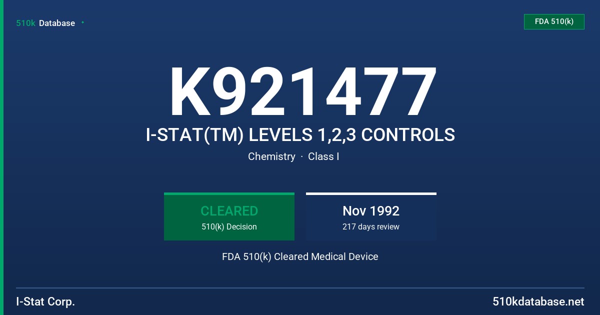 K921477 I-STAT(TM) LEVELS 1,2,3 CONTROLS FDA 510(k) Cleared Medical Device
