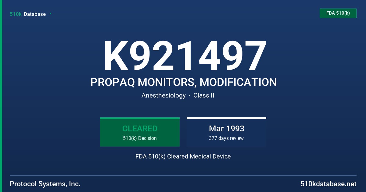 K921497 PROPAQ MONITORS, MODIFICATION FDA 510(k) Cleared Medical Device