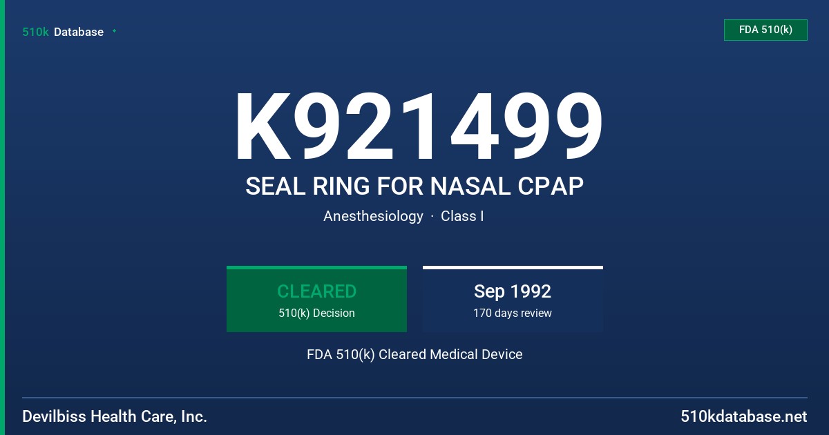 K921499 SEAL RING FOR NASAL CPAP FDA 510(k) Cleared Medical Device