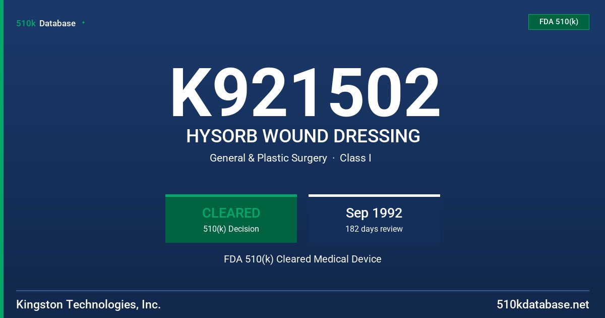 K921502 HYSORB WOUND DRESSING FDA 510(k) Cleared Medical Device