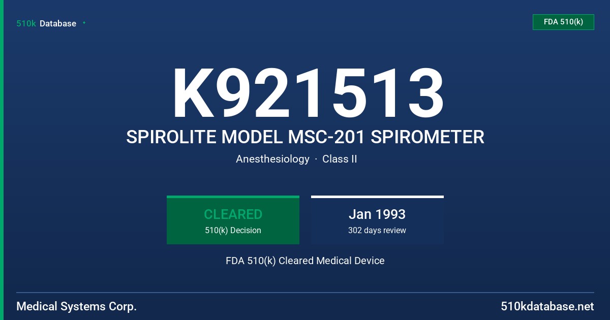 K921513 SPIROLITE MODEL MSC-201 SPIROMETER FDA 510(k) Cleared Medical Device