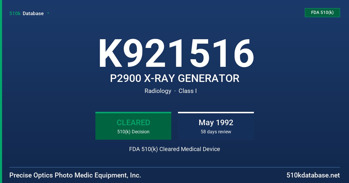K921516 P2900 X-RAY GENERATOR FDA 510(k) Cleared Medical Device