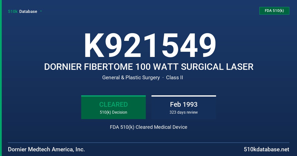 K921549 DORNIER FIBERTOME 100 WATT SURGICAL LASER FDA 510(k) Cleared Medical Device