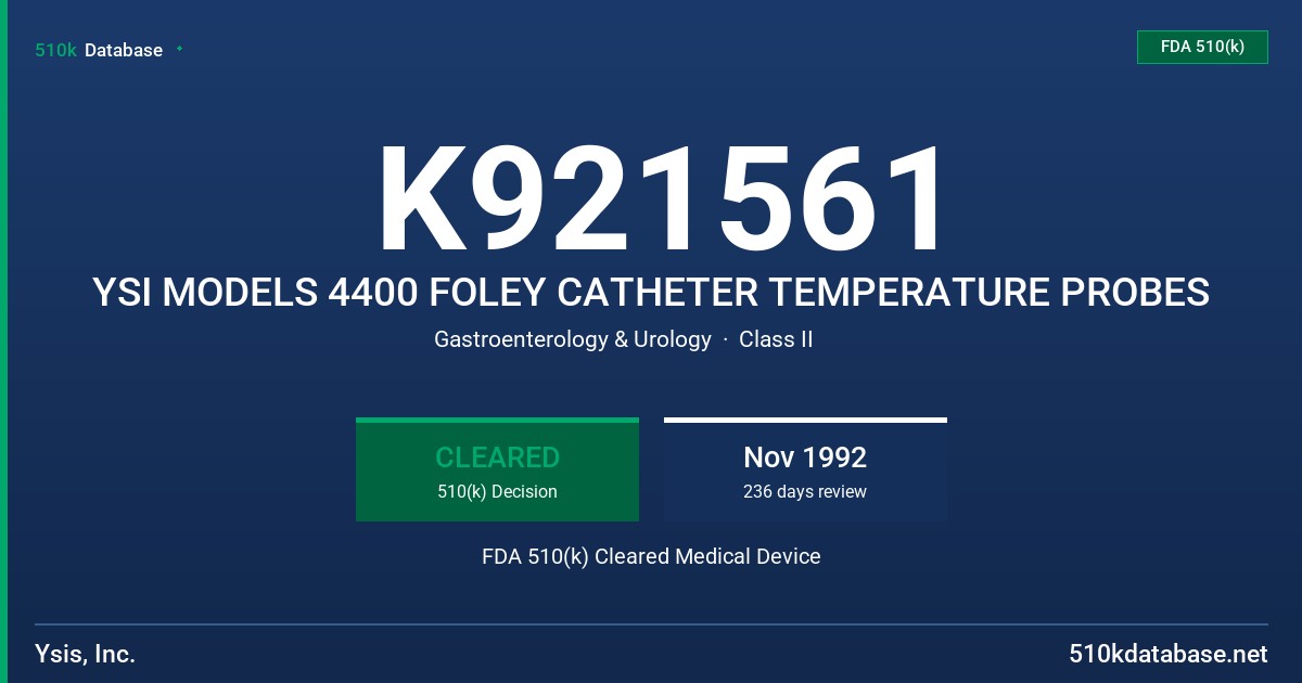K921561 YSI MODELS 4400 FOLEY CATHETER TEMPERATURE PROBES FDA 510(k) Cleared Medical Device