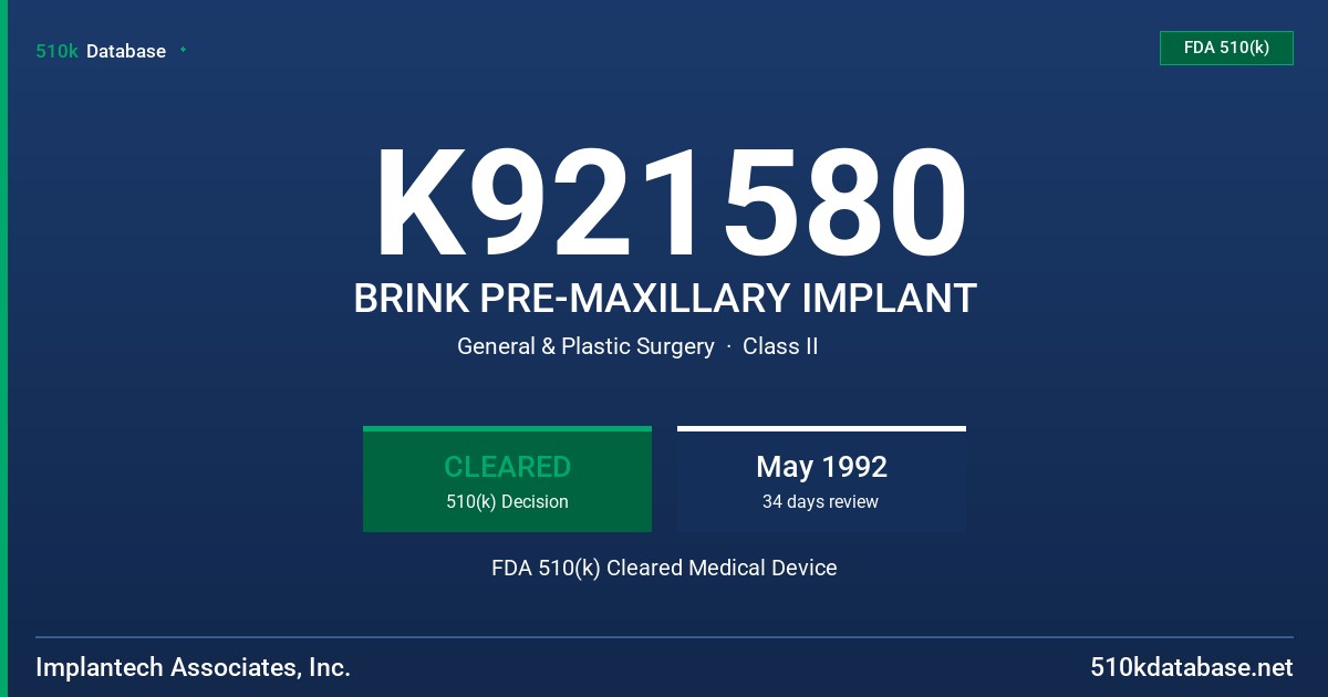 K921580 BRINK PRE-MAXILLARY IMPLANT FDA 510(k) Cleared Medical Device
