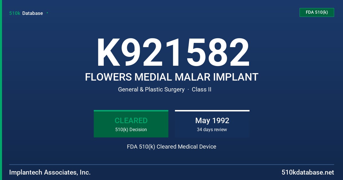 K921582 FLOWERS MEDIAL MALAR IMPLANT FDA 510(k) Cleared Medical Device