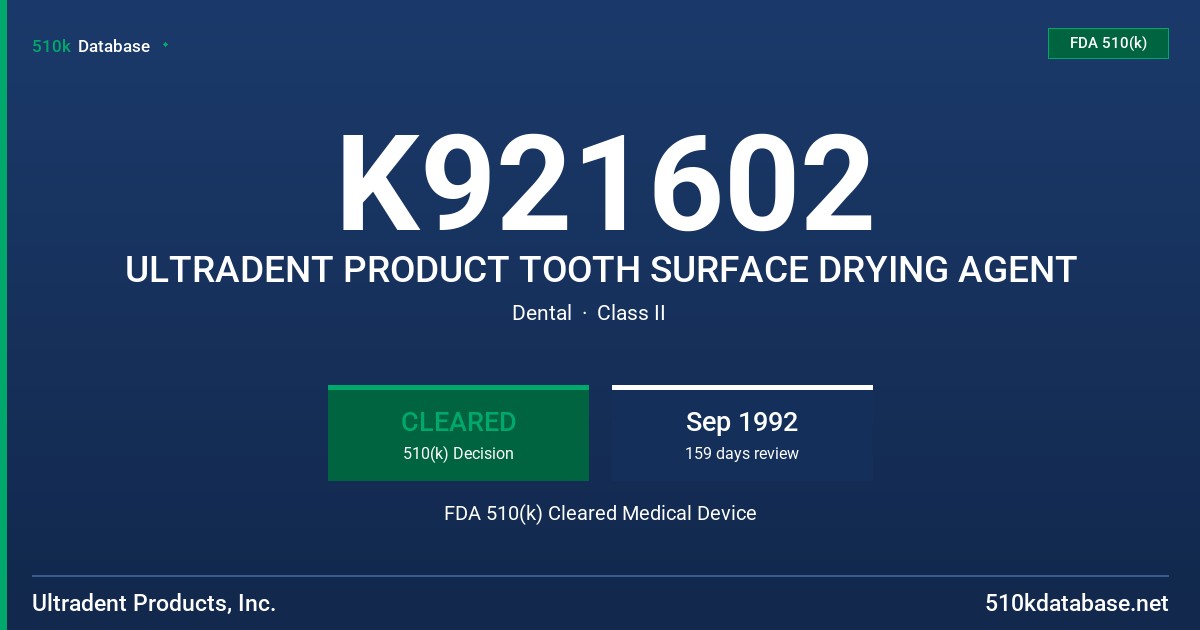 K921602 ULTRADENT PRODUCT TOOTH SURFACE DRYING AGENT FDA 510(k) Cleared Medical Device