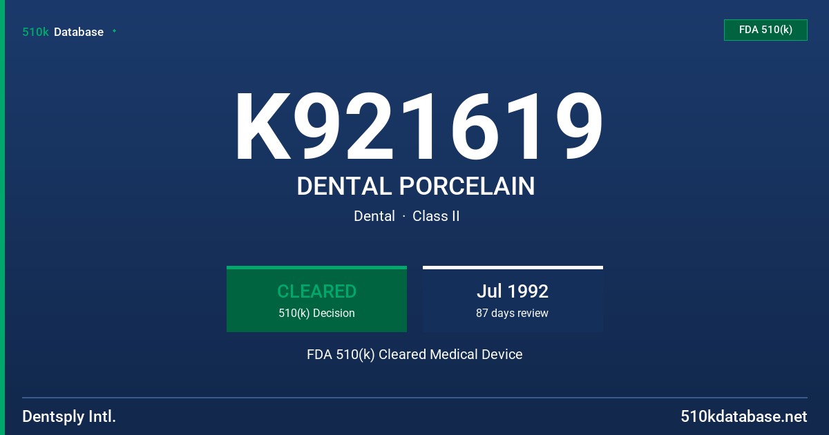 K921619 DENTAL PORCELAIN FDA 510(k) Cleared Medical Device