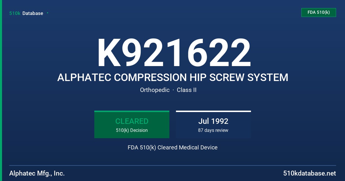 K921622 ALPHATEC COMPRESSION HIP SCREW SYSTEM FDA 510(k) Cleared Medical Device