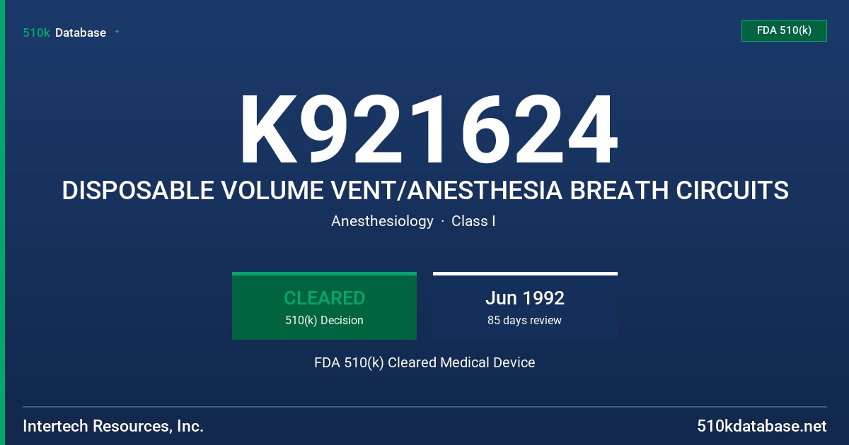 K921624 DISPOSABLE VOLUME VENT/ANESTHESIA BREATH CIRCUITS FDA 510(k) Cleared Medical Device