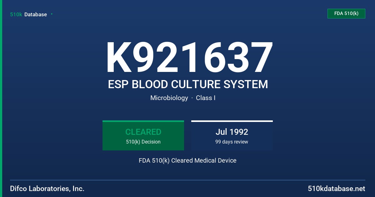 K921637 ESP BLOOD CULTURE SYSTEM FDA 510(k) Cleared Medical Device
