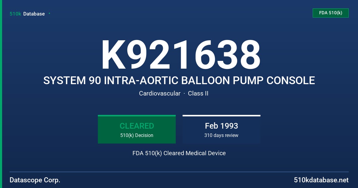 K921638 SYSTEM 90 INTRA-AORTIC BALLOON PUMP CONSOLE FDA 510(k) Cleared Medical Device
