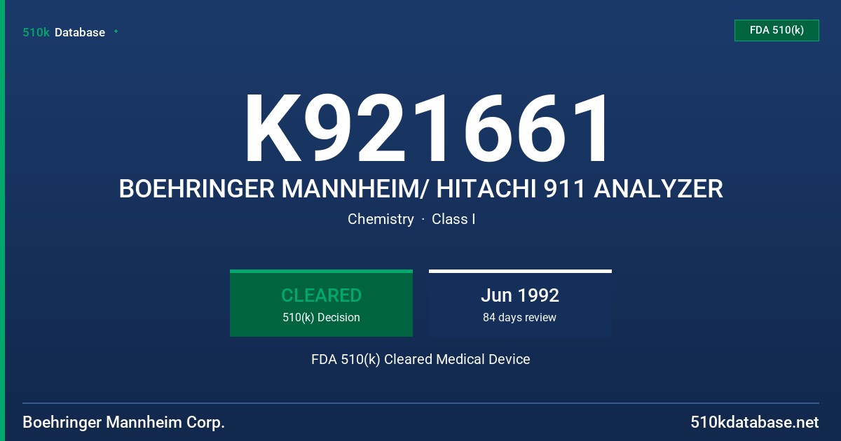 K921661 BOEHRINGER MANNHEIM/ HITACHI 911 ANALYZER FDA 510(k) Cleared Medical Device