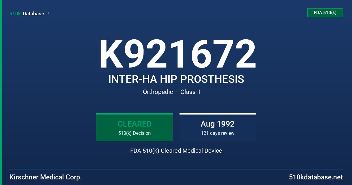 K921672 INTER-HA HIP PROSTHESIS FDA 510(k) Cleared Medical Device