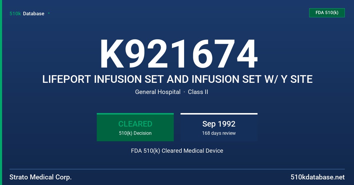 K921674 LIFEPORT INFUSION SET AND INFUSION SET W/ Y SITE FDA 510(k) Cleared Medical Device
