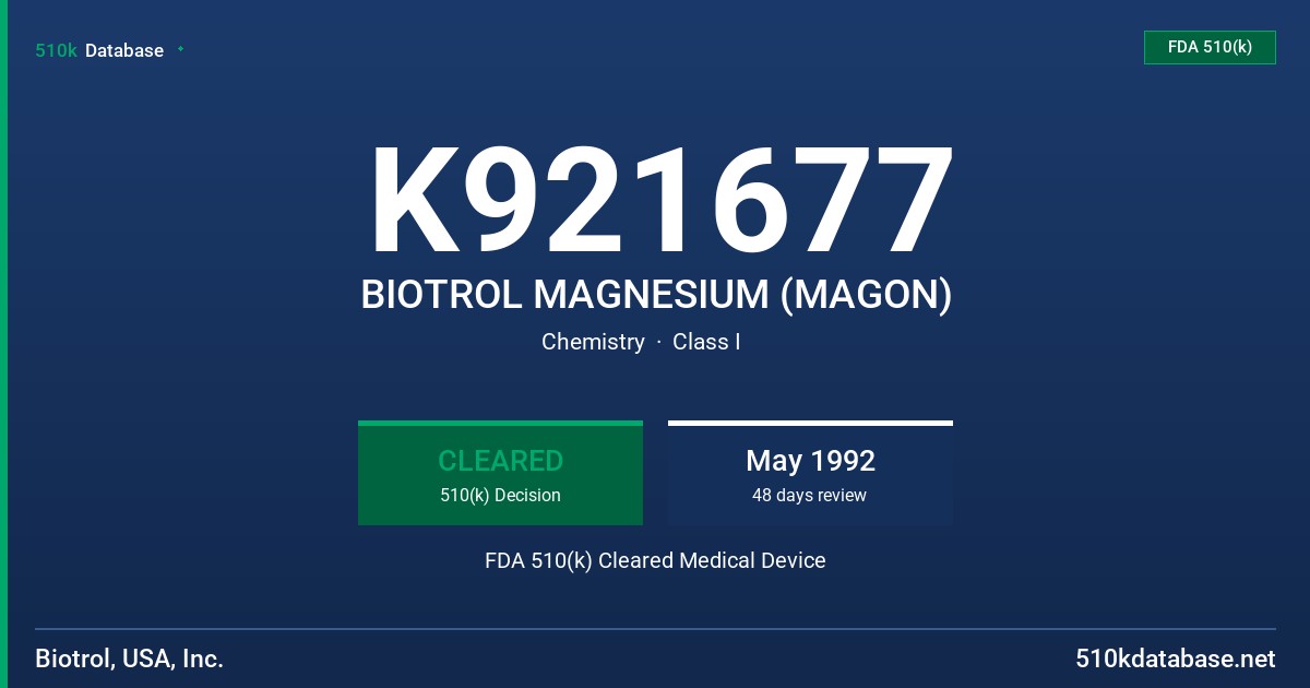 K921677 BIOTROL MAGNESIUM (MAGON) FDA 510(k) Cleared Medical Device