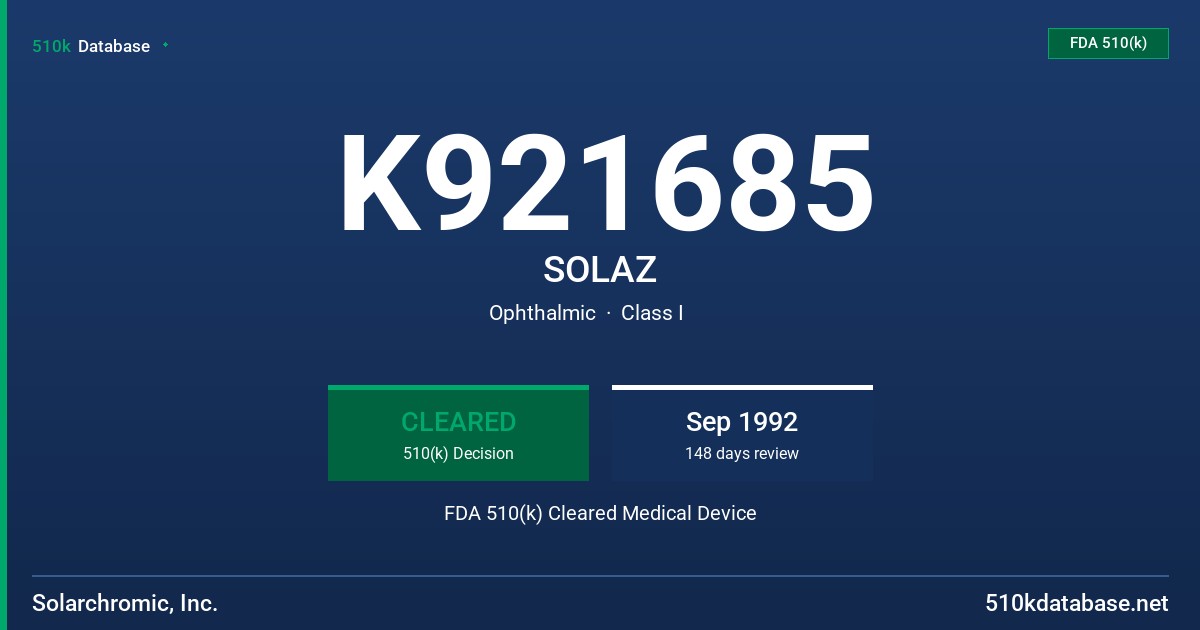K921685 SOLAZ FDA 510(k) Cleared Medical Device
