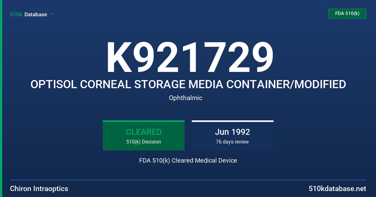 K921729 OPTISOL CORNEAL STORAGE MEDIA CONTAINER/MODIFIED FDA 510(k) Cleared Medical Device