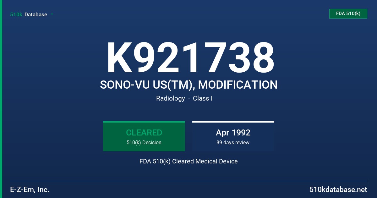 K921738 SONO-VU US(TM), MODIFICATION FDA 510(k) Cleared Medical Device